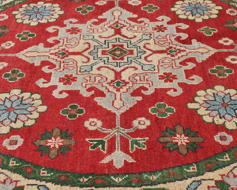 5x5 Red Kuba Afghan Hand Knotted Round Wool Area Rug